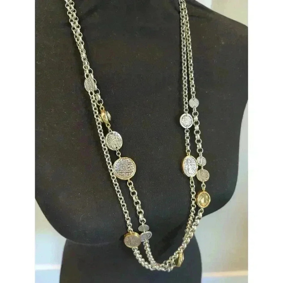 Chicos Silver Goldtone Distressed Long Layered Coin Necklace Womens 38 40 Inch - Picture 2 of 5